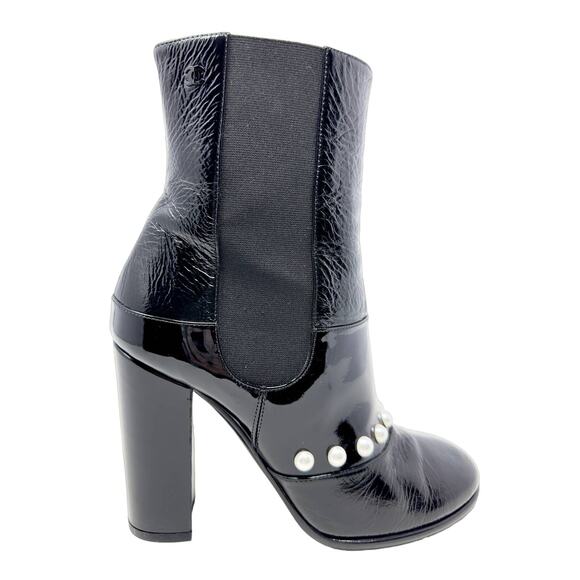 Chanel Boots CC LOGO Pearl Black Leather Mid Calf Chelsea Platform Heel Shoes 39 - Picture 1 of 11